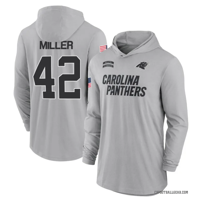 Cam Miller Men's Gray Carolina Panthers 2024 Salute to Service Lightweight Performance Long Sleeve Hooded T-Shirt