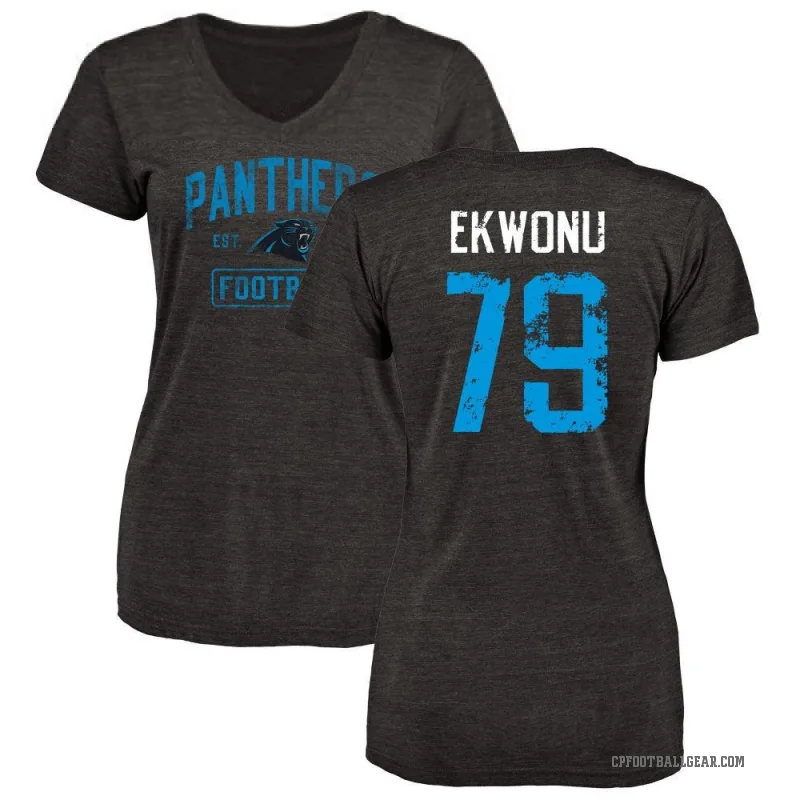 Ikem Ekwonu Women's Black Carolina Panthers Distressed V-Neck T-Shirt