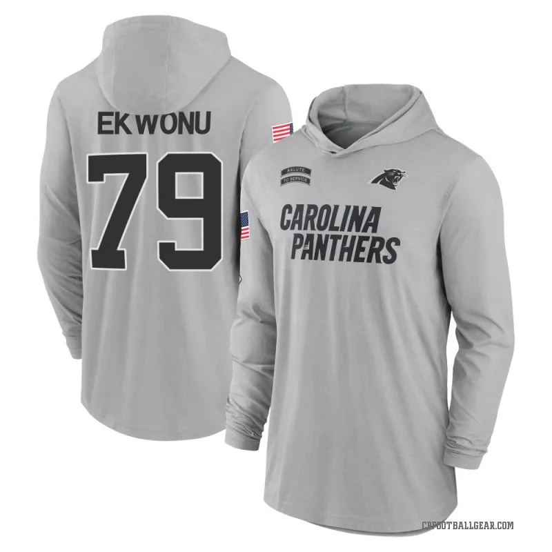 Ikem Ekwonu Youth Gray Carolina Panthers 2024 Salute to Service Lightweight Performance Long Sleeve Hooded T-Shirt