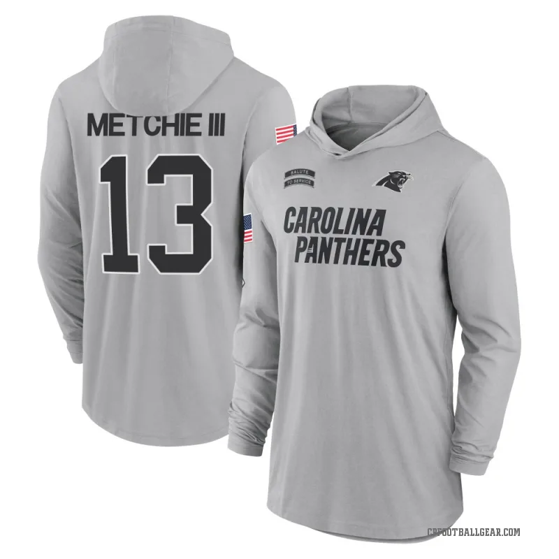 John Metchie III Men's Gray Carolina Panthers 2024 Salute to Service Lightweight Performance Long Sleeve Hooded T-Shirt